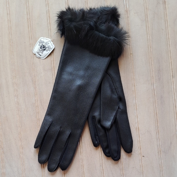 Vitro Genuine Rabbit Fur Cuff Black Leather Gloves Luxury Classic Stretchable